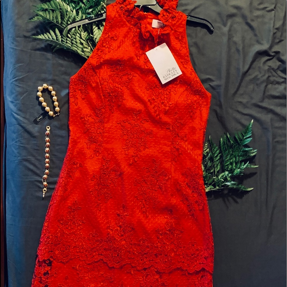 Badgley mischka Red embroidered trapeze dress